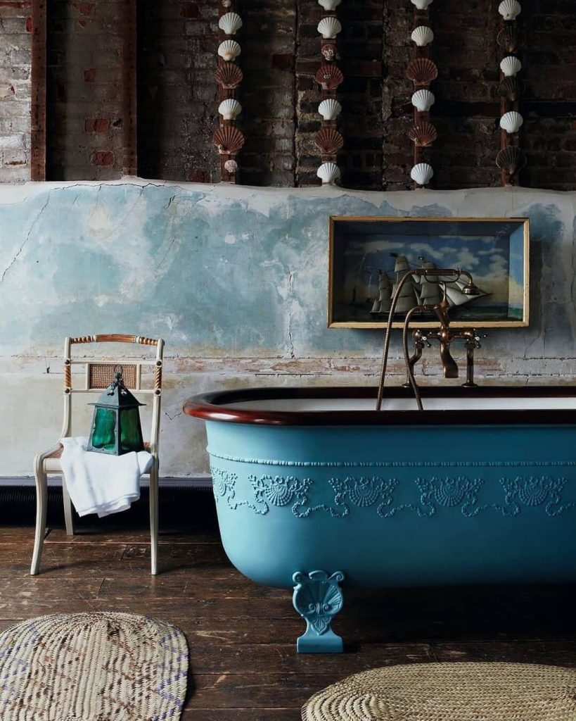 Vintage Coastal Bathroom with Turquoise Clawfoot Tub