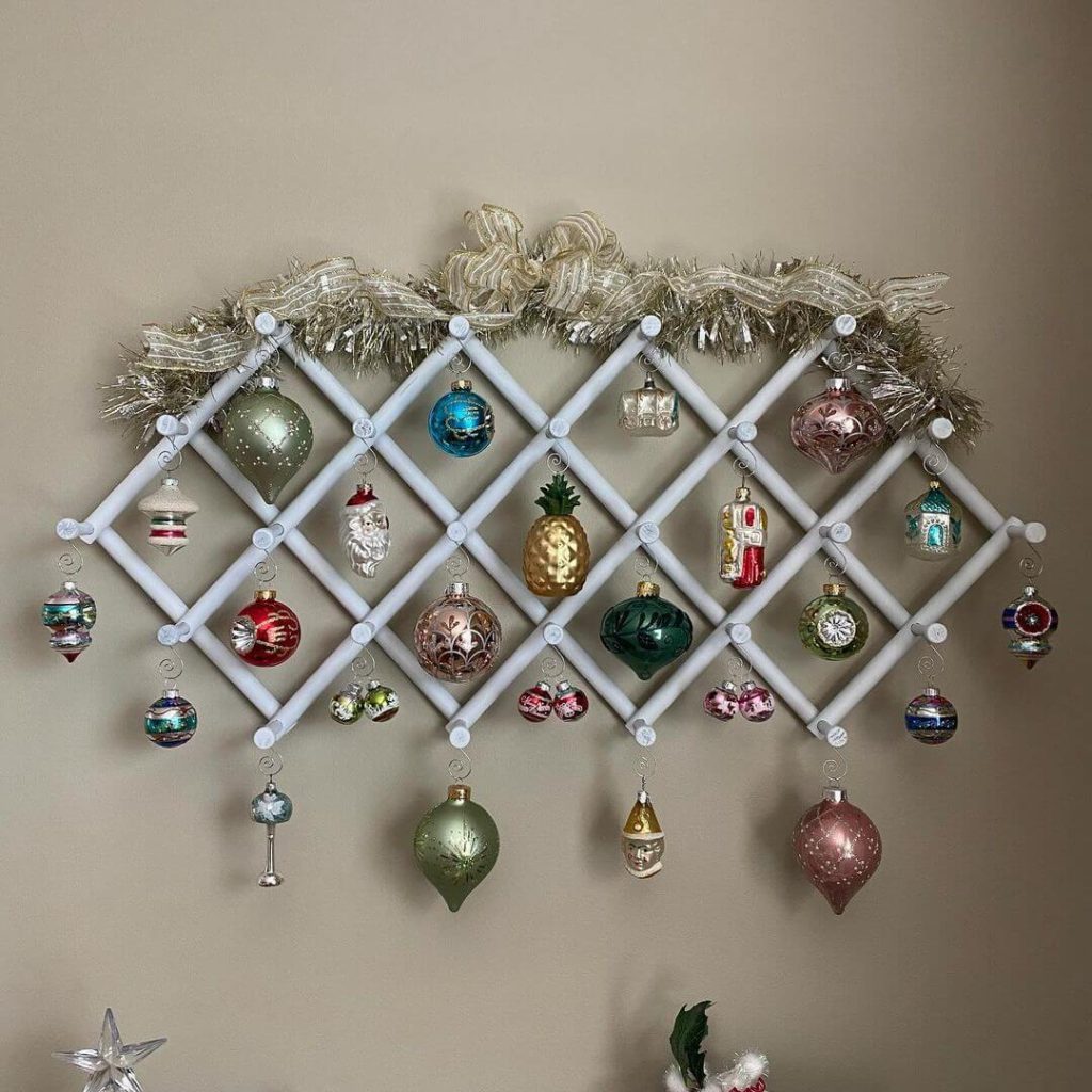 Vintage Ornament Wall Display with Tinsel Accents