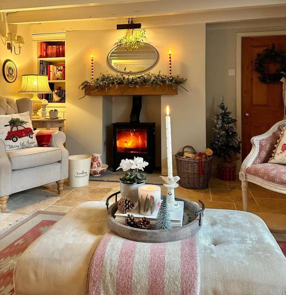 Warm Cottage Living Room with Festive Fireplace