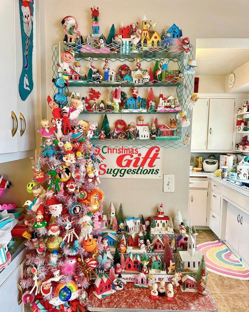 Whimsical Vintage Christmas Tree and Shelf Display