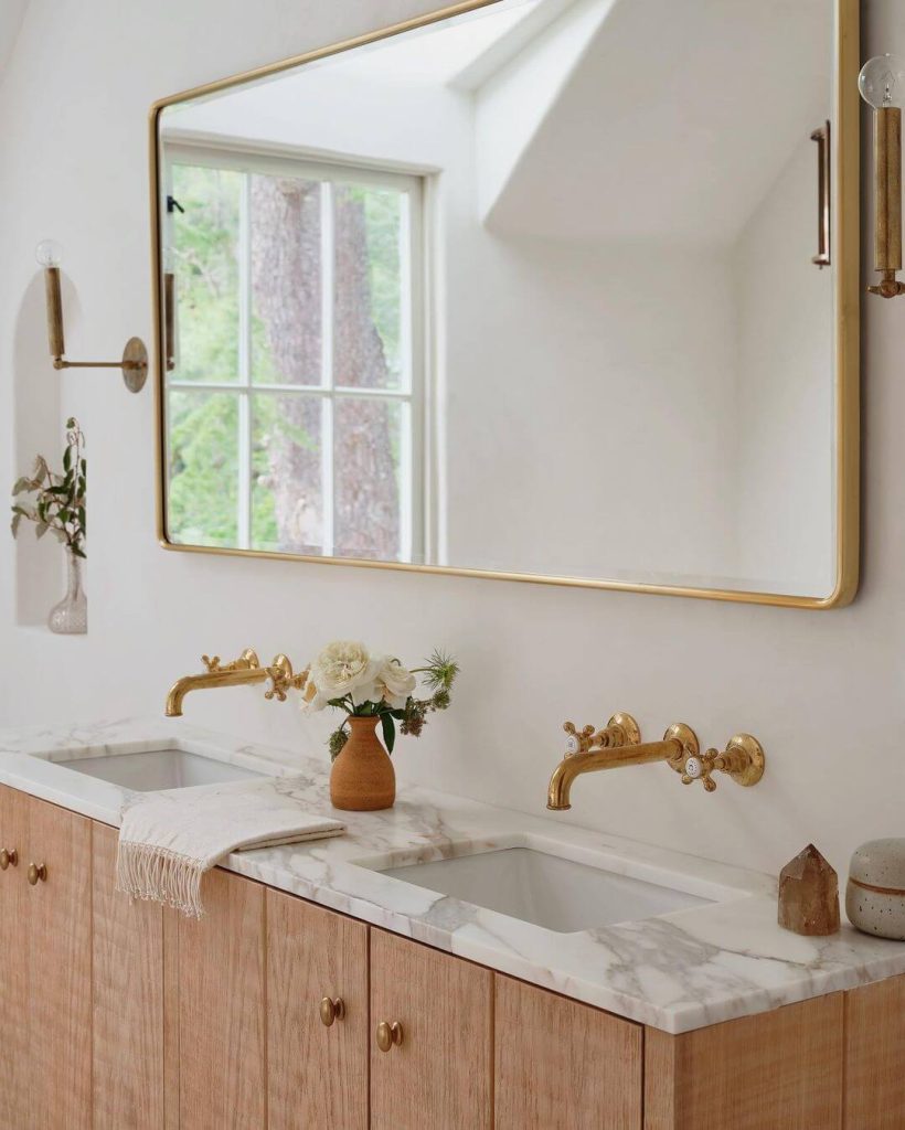 White and Green Bathroom with Hanging Planter