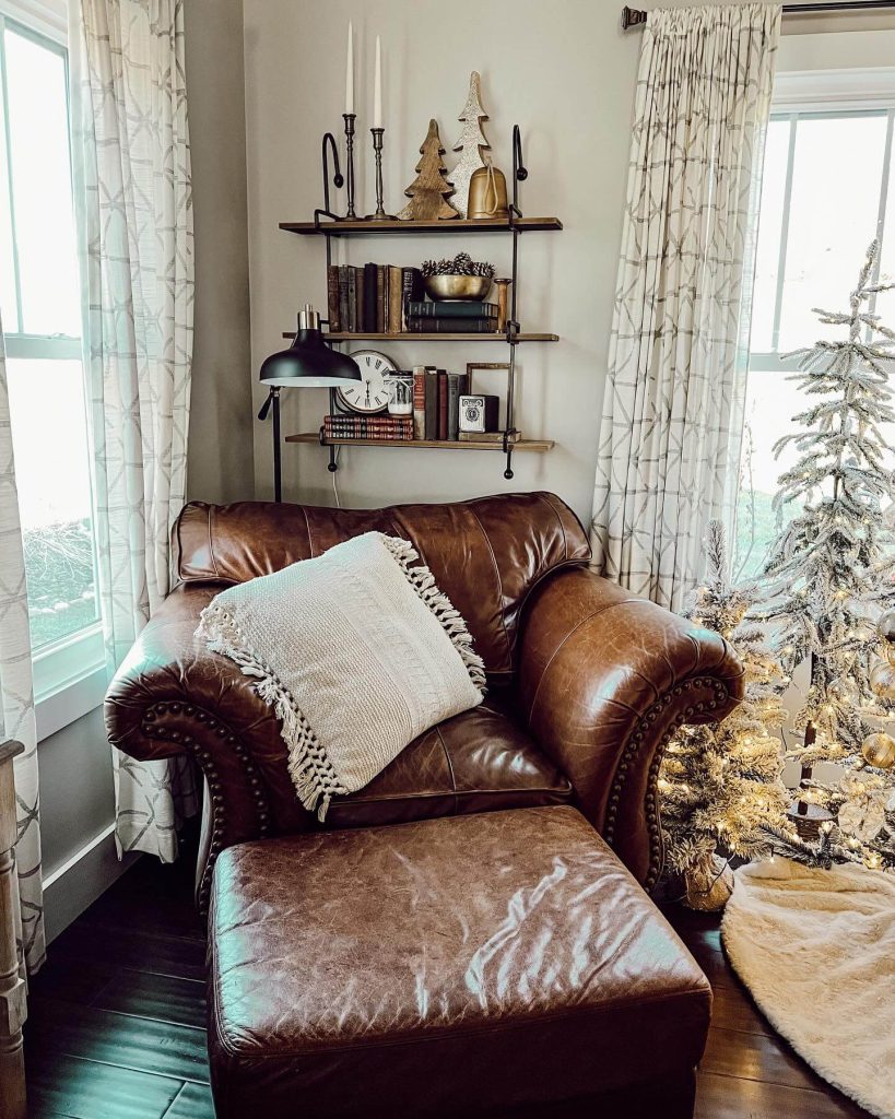 5. Rustic Comfort: Leather Armchair and Shelves