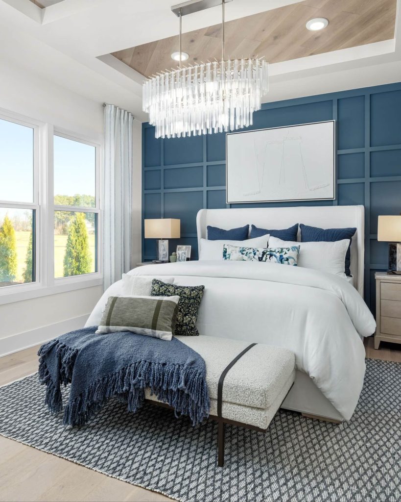 19. Electric Blue with Warm Wood Contrast