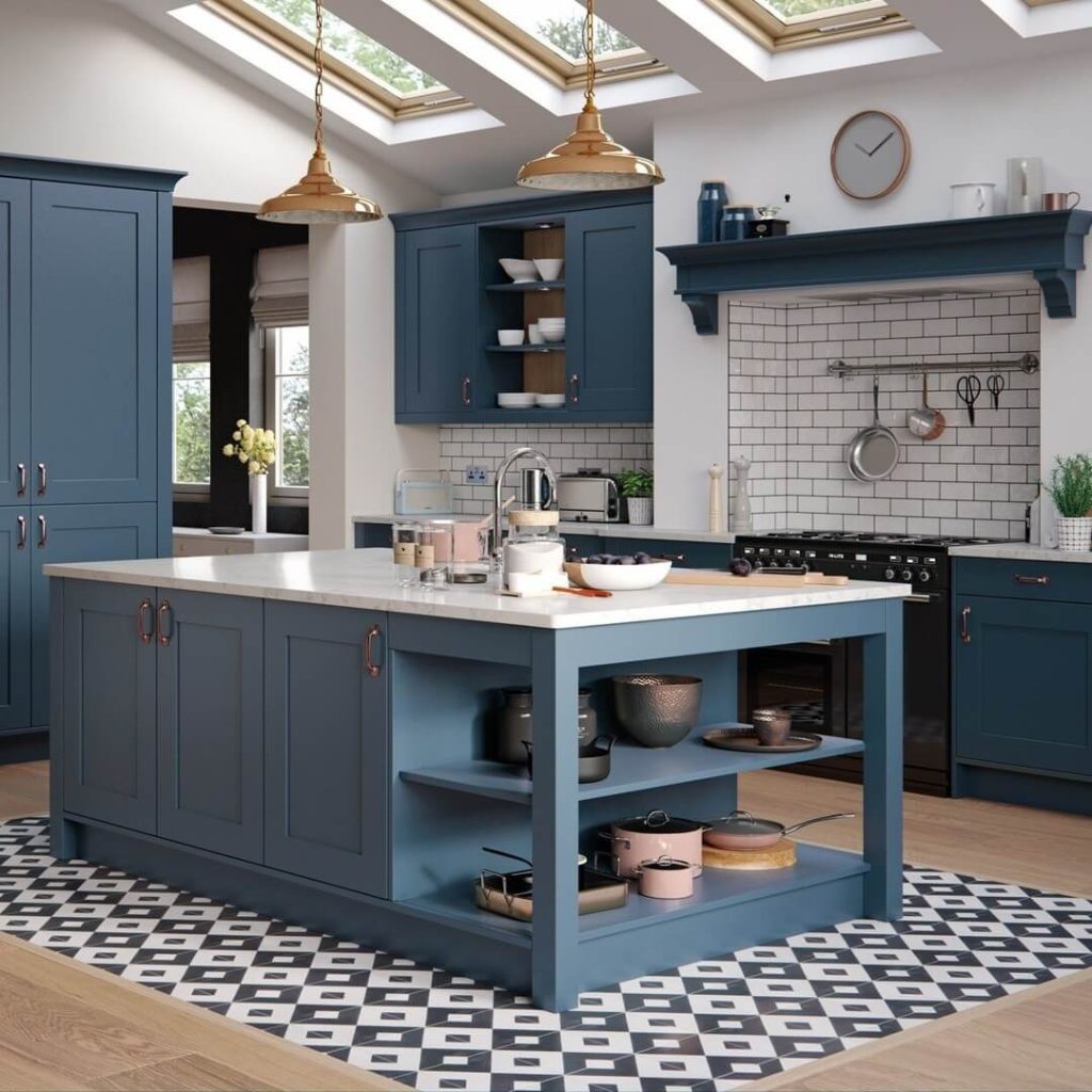 2. Classic Navy Cabinets with a Touch of Modern Farmhouse
