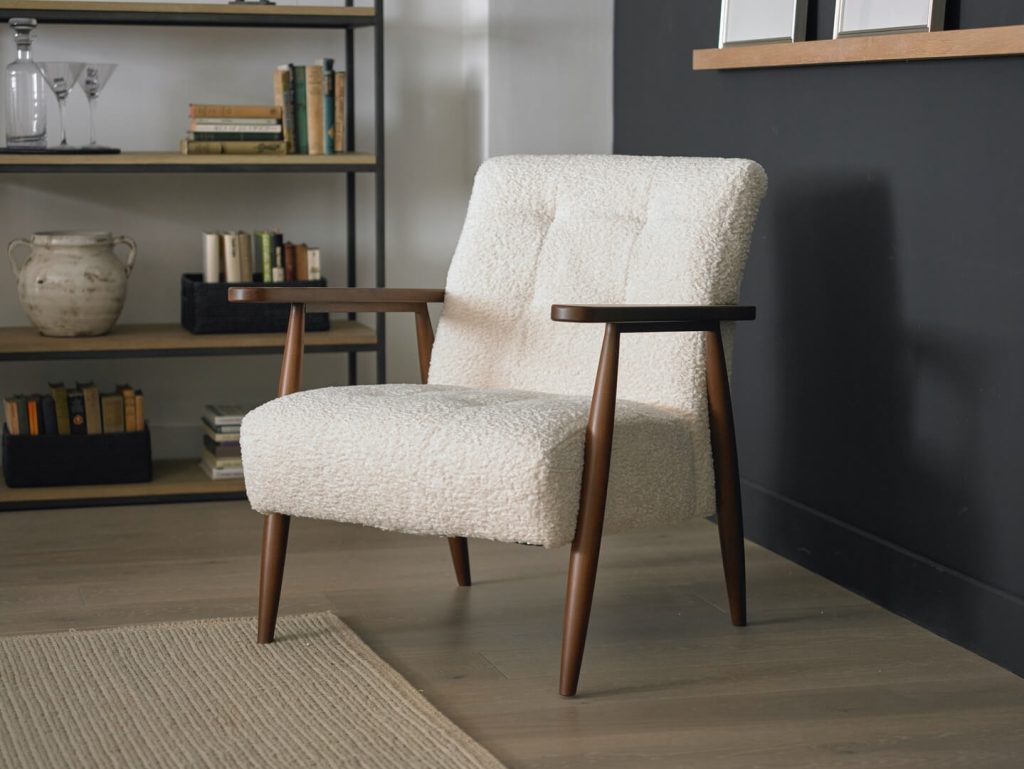 21. Mid-Century Modern Bouclé Armchair for Clean Comfort