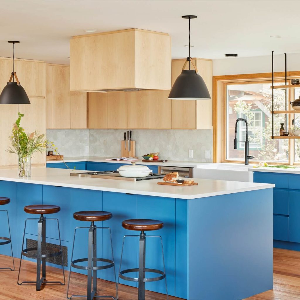 21. Modern Scandinavian with Blue and Blonde Wood Harmony