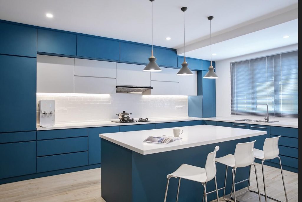 24. Clean Lines and Cool Contrasts in a Contemporary Blue Kitchen