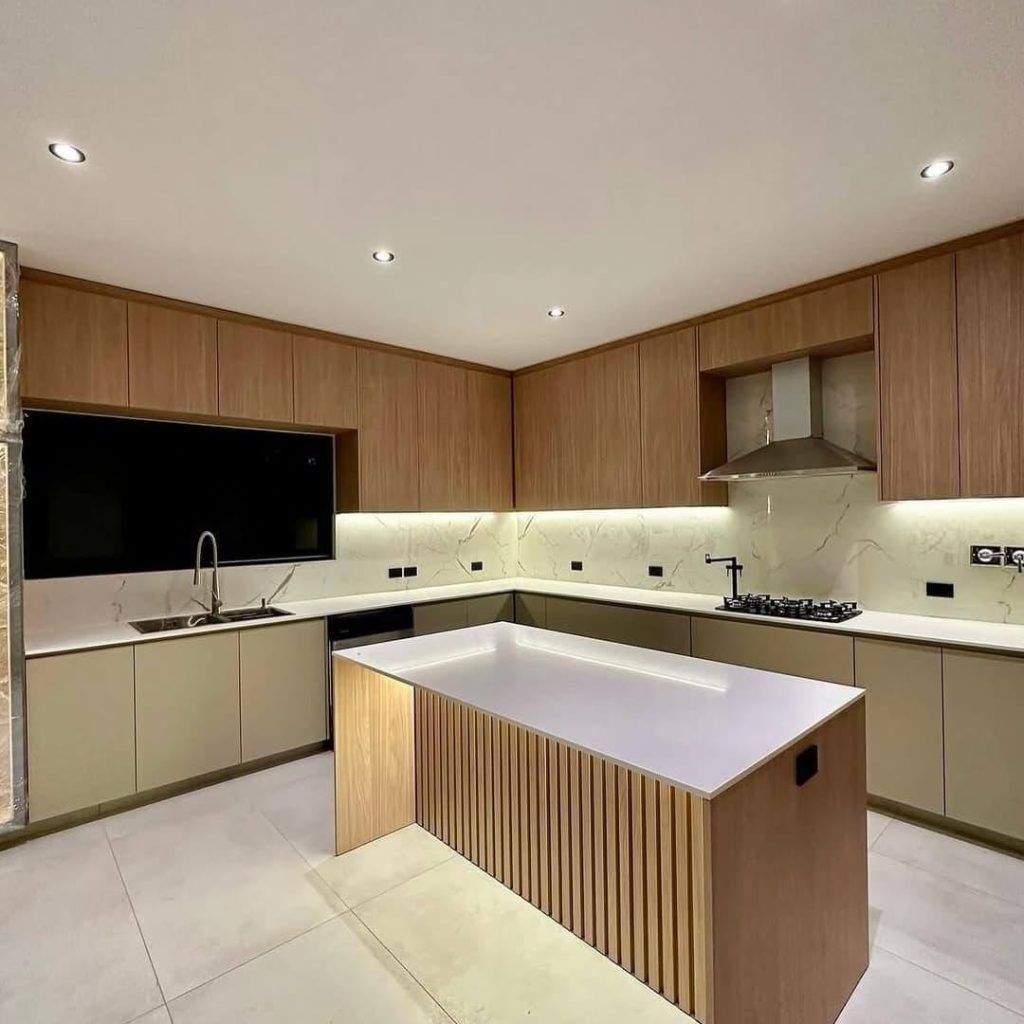 25. Dual-Tone Taupe and Wood for Balanced Contemporary Design