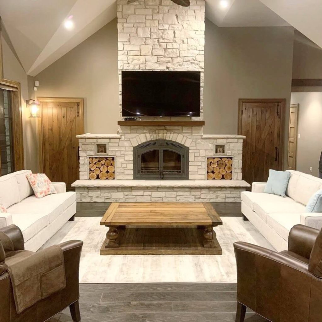 26. Warm Stone Accents and Classic Wood Tones