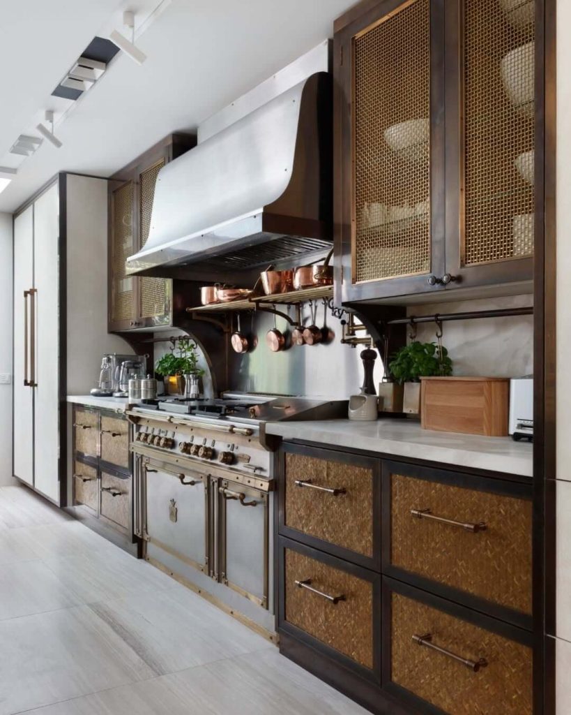 3. Rustic Brass and Woven Detailing for Industrial Charm
