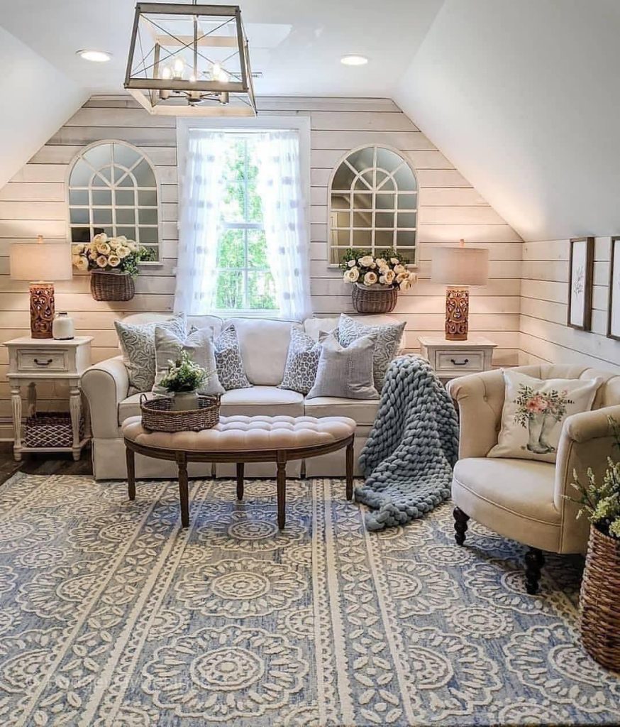 4. Cozy Up a Living Room with Soft Neutrals and Shiplap Walls