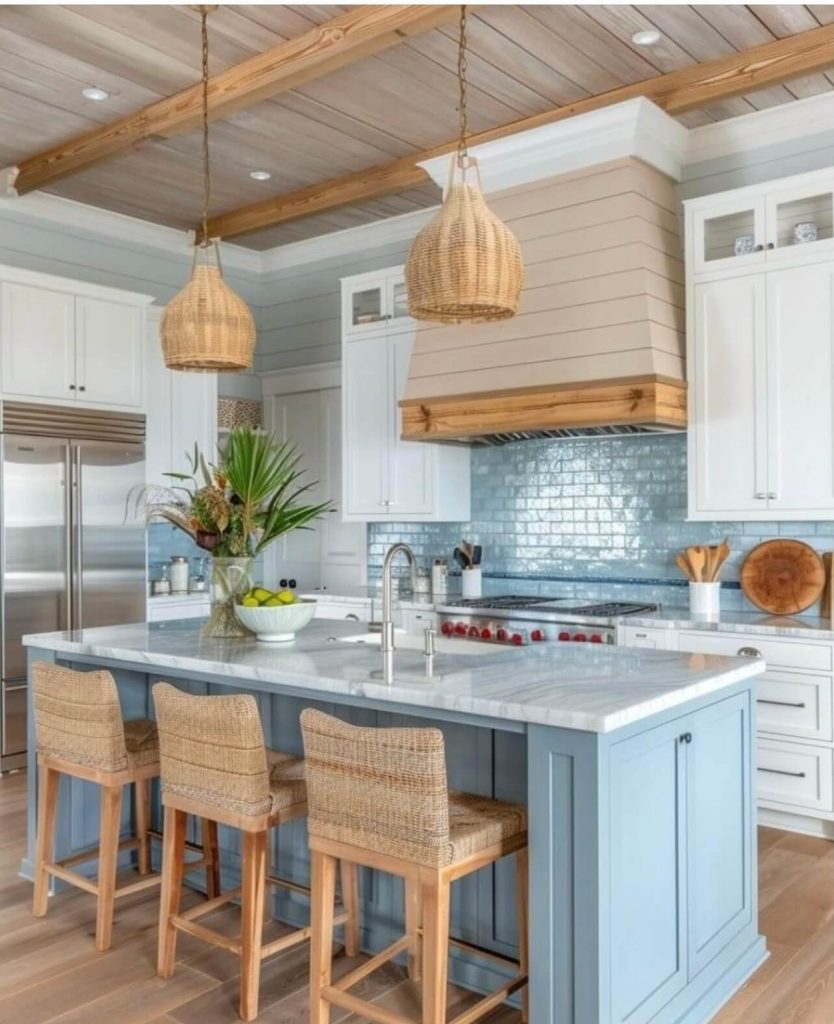 5. Coastal Calm with Baby Blue and Natural Wood Accents