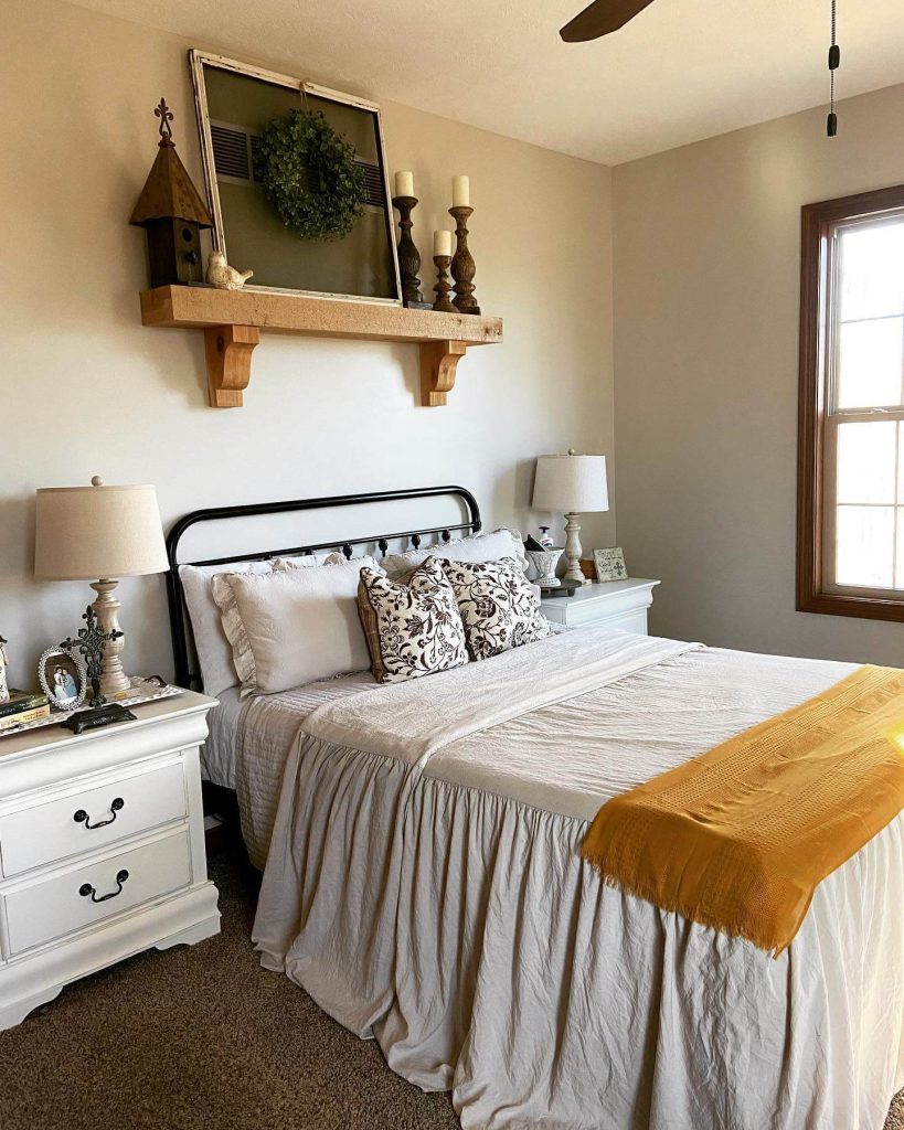 6. Rustic Shelf Styling Above the Bed