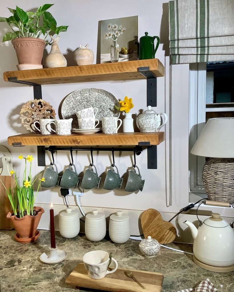 10. Chunky Farmhouse Shelves With Hanging Mugs