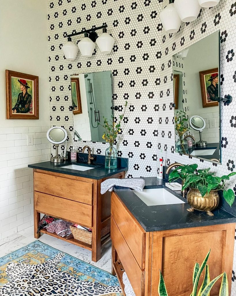 10. Modern Vintage Mix: Hex Tile Illusion with Wallpaper