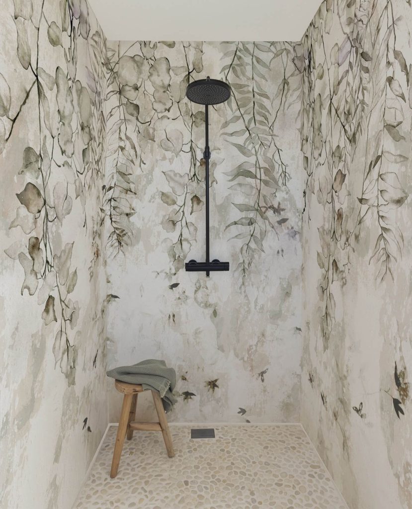 13. Organic Oasis: Watercolor Leaves for a Spa-Like Shower