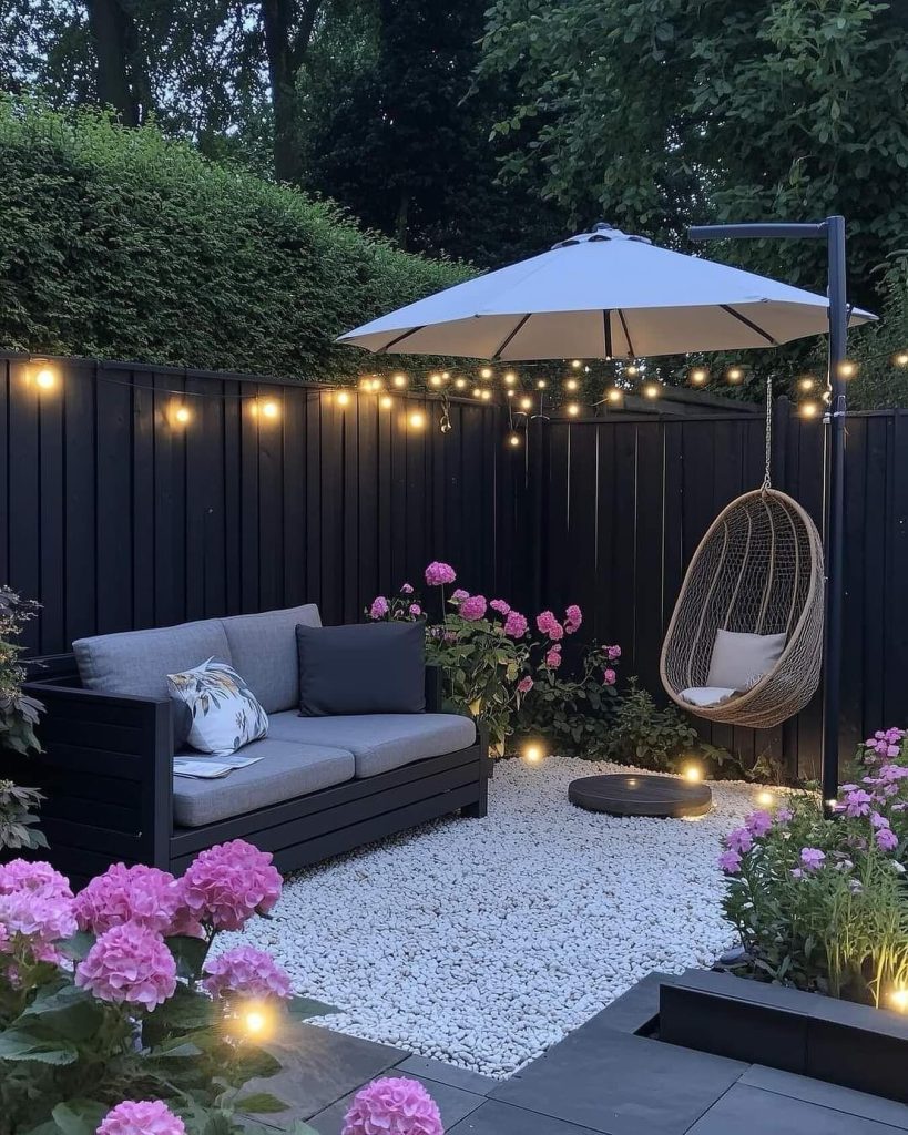 2. Create a Romantic Retreat with String Lights and Soft Seating