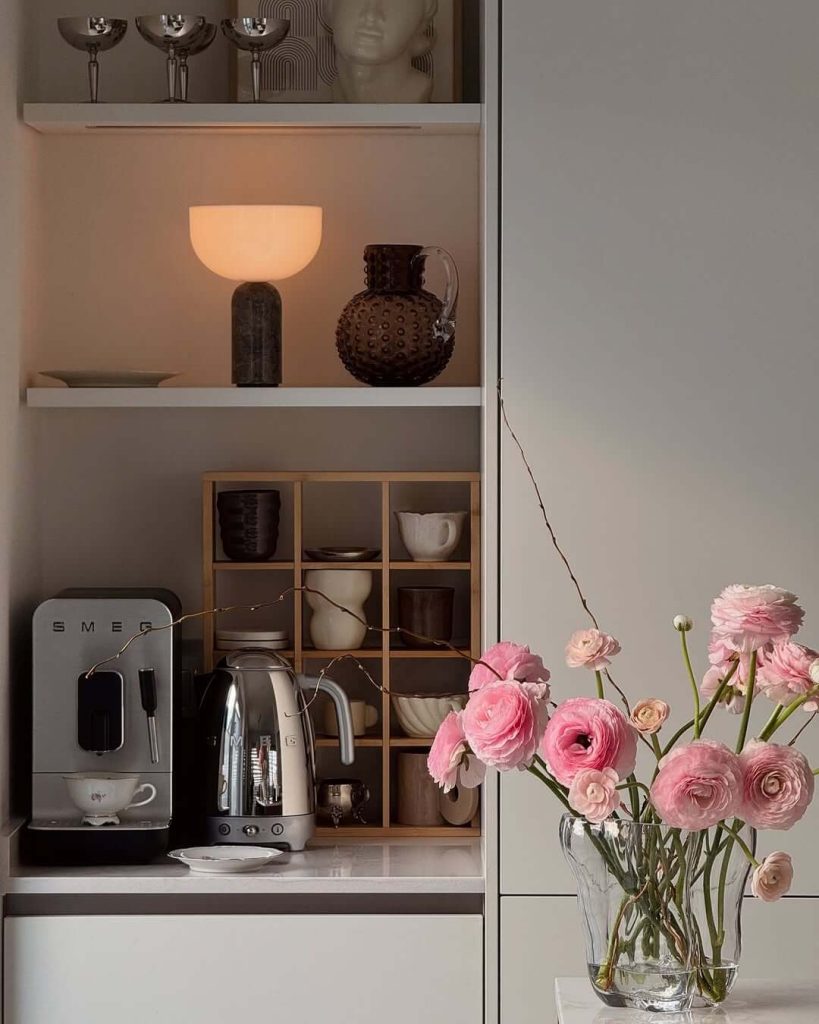 21. Japandi Interior Ideas Coffee Nook and Florals