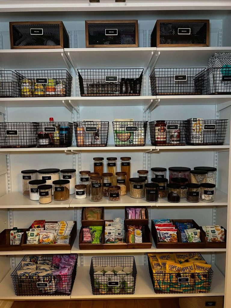 23. Create a Zoned Pantry System with Wire Baskets