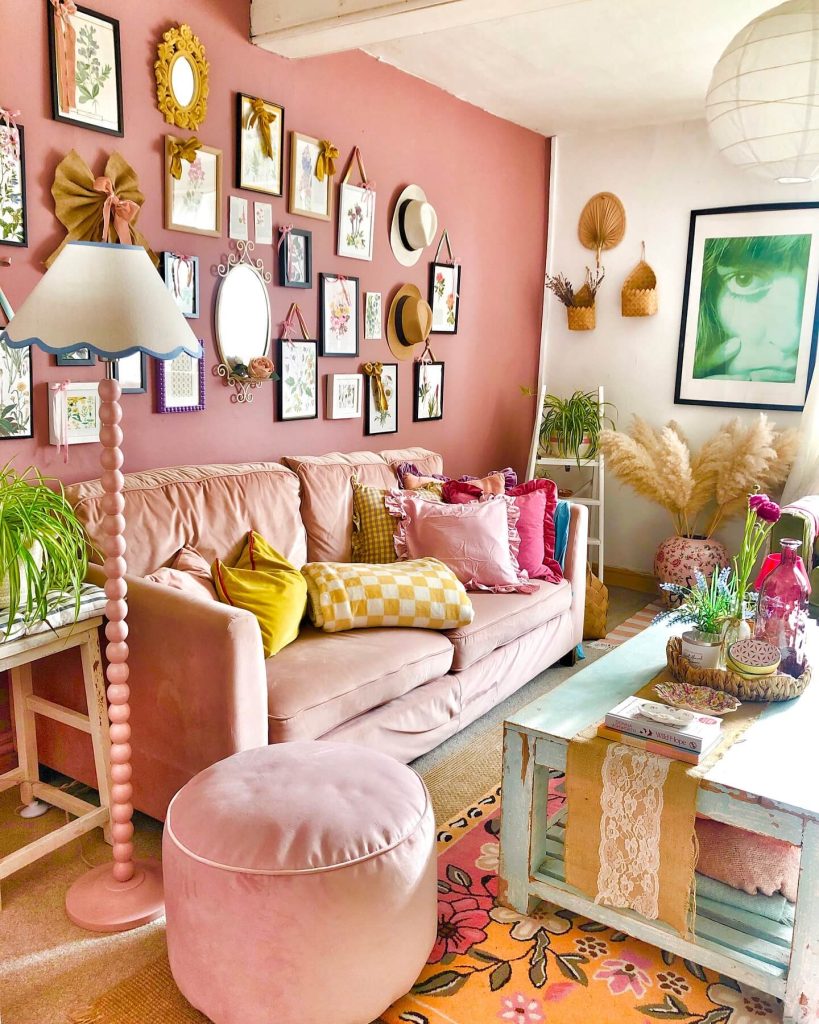 25. Boho Glam Gallery Wall with Feminine Flair