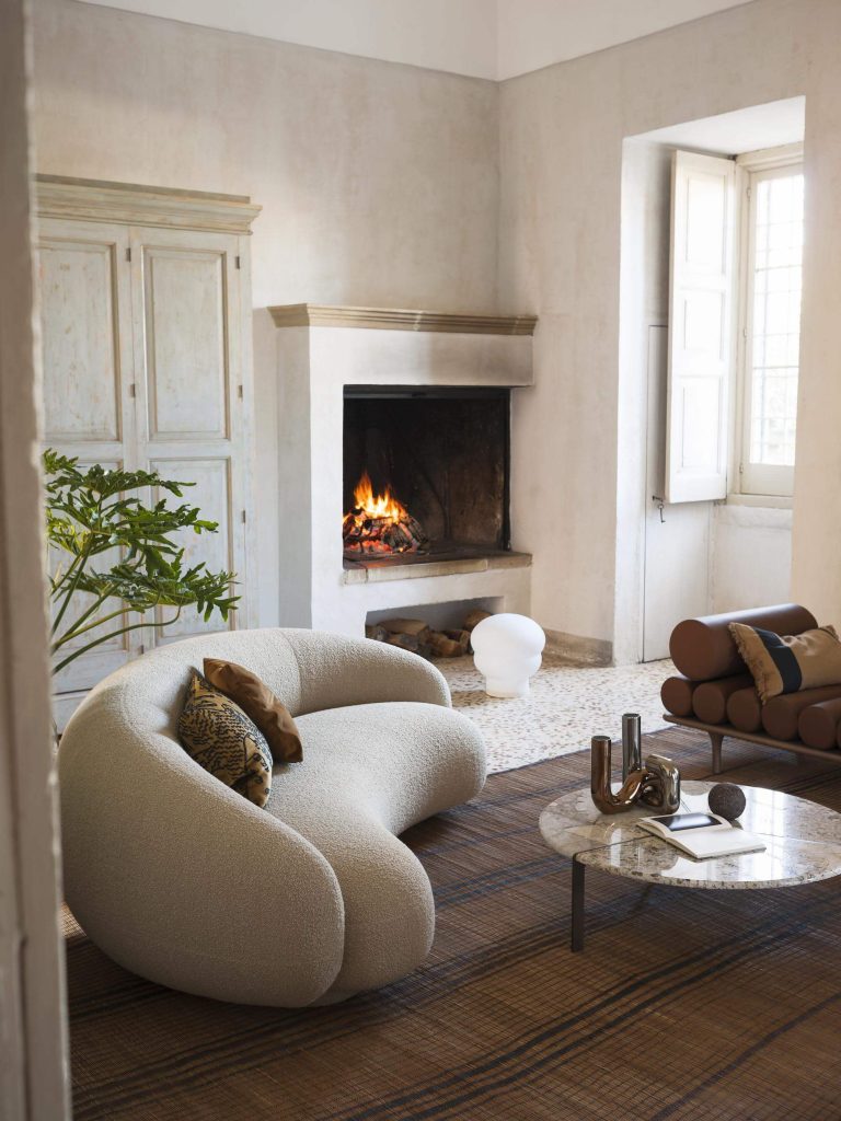 3. Japandi Interior Ideas Organic Fireplace Seating