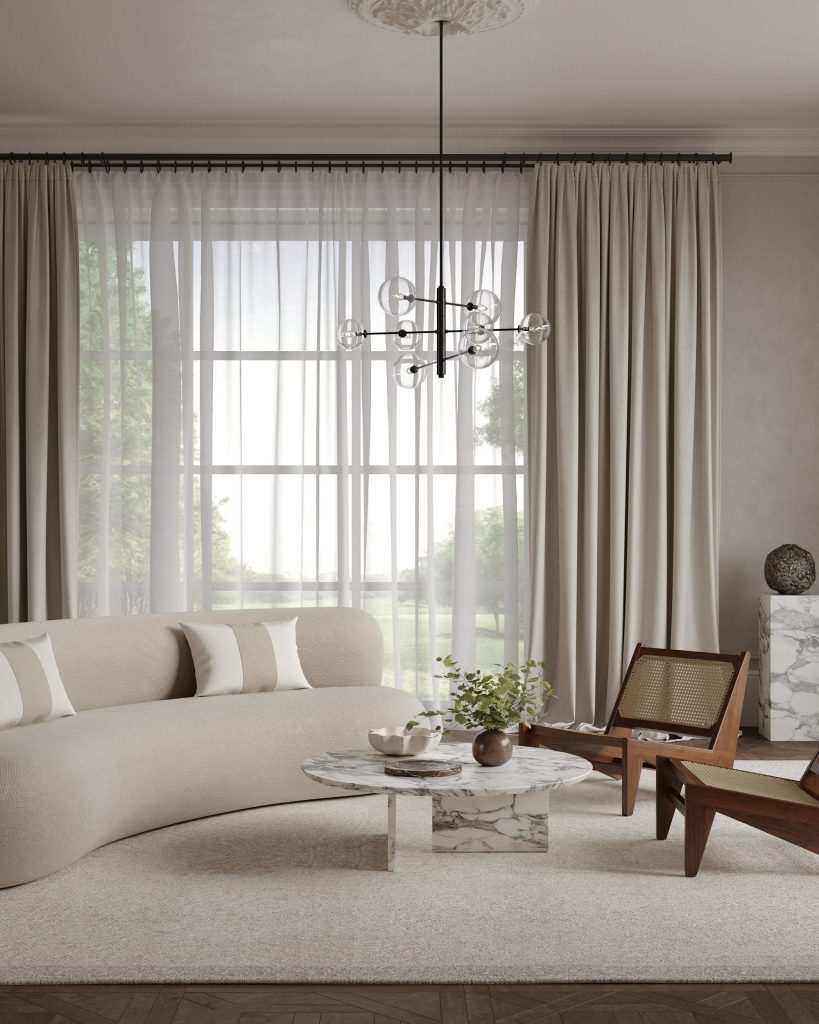4. Japandi Interior Ideas Curved Sofa Marble Table
