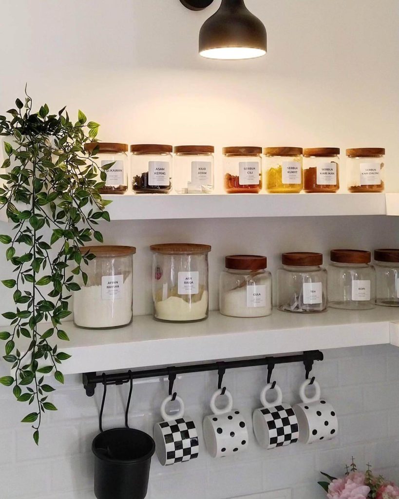 6. Add Style and Function with Open Shelves and Uniform Spice Jars