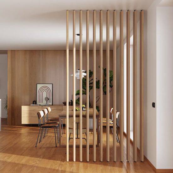 6. Vertical Wood Slat Paneling as Room Divider
