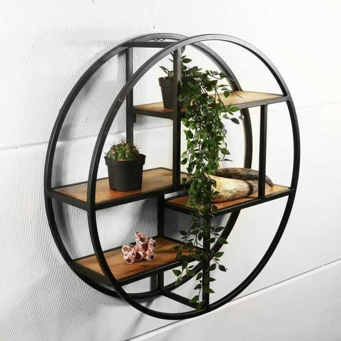Round Industrial Shelf with Wooden Accents