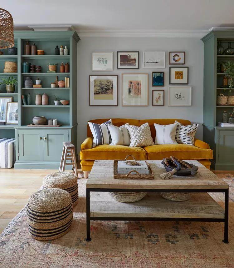 cozy house ideas bold wallpaper and green sofa