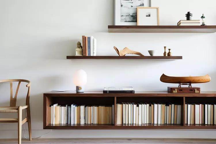 9. Japandi Interior Ideas Floating Shelf Book Styling