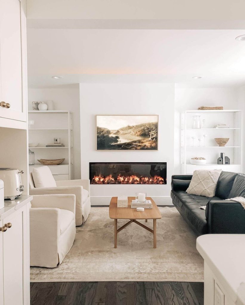 9. Scandi-Mid-Century Fusion with Fireplace Focus