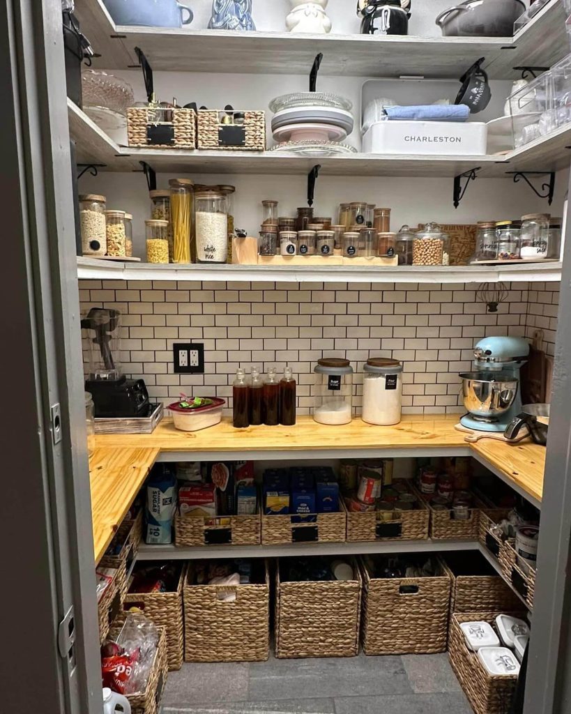1. Rustic Elegance with Woven Baskets and Open Shelving