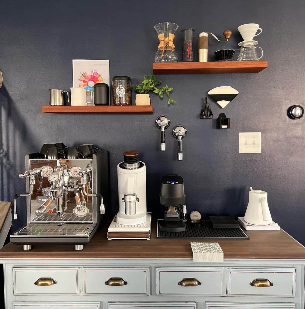 10. Artistic Coffee Bar with a Bold Blue Backdrop