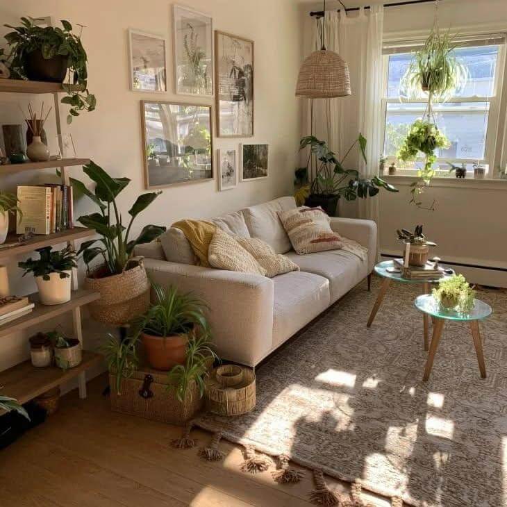 11. Green and Cozy Living Room with Plant-Filled Corners