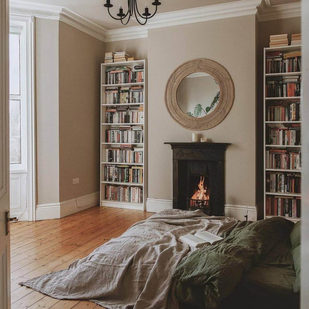 12. Cozy Reading Corner with Fireplace and Shelves