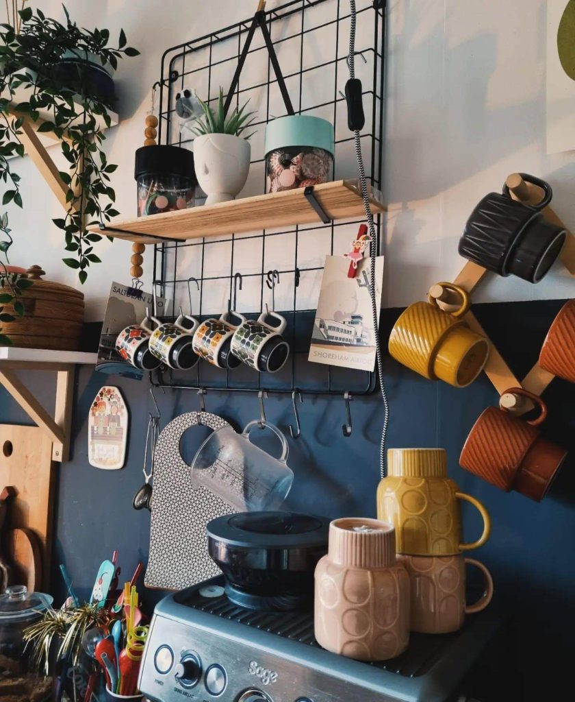 12. Grid Wall Organizer for a Playful Coffee Station