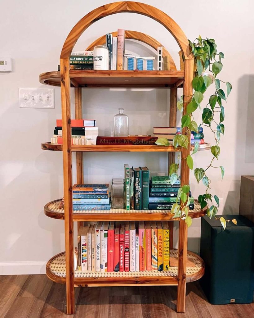 14. Arched Wooden Bookshelf with Natural Charm