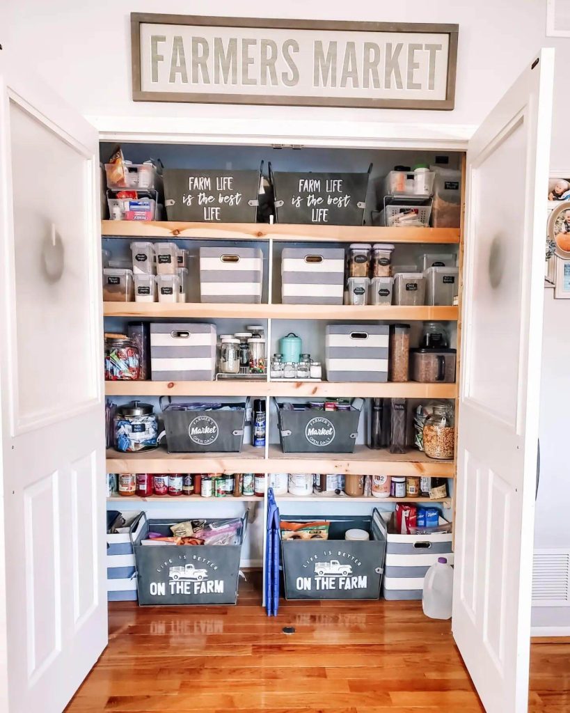 15. Farmhouse-Inspired Closet Pantry with Themed Bins