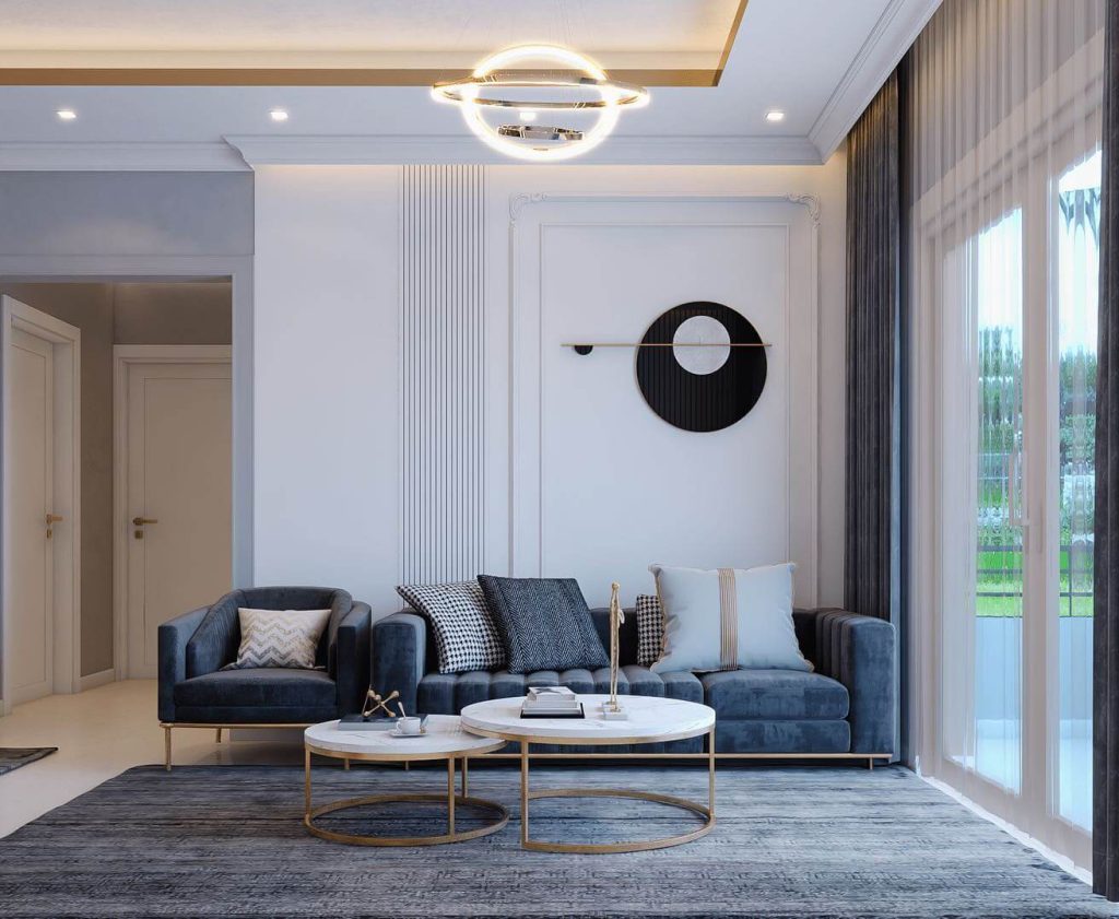 15. Luxurious Blues and Metallic Accents: A Timeless Contemporary Design