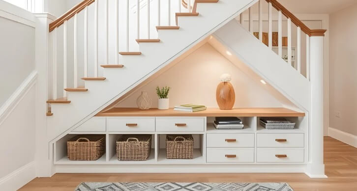 16. Bright and Balanced Storage Wall with Decorative Touches