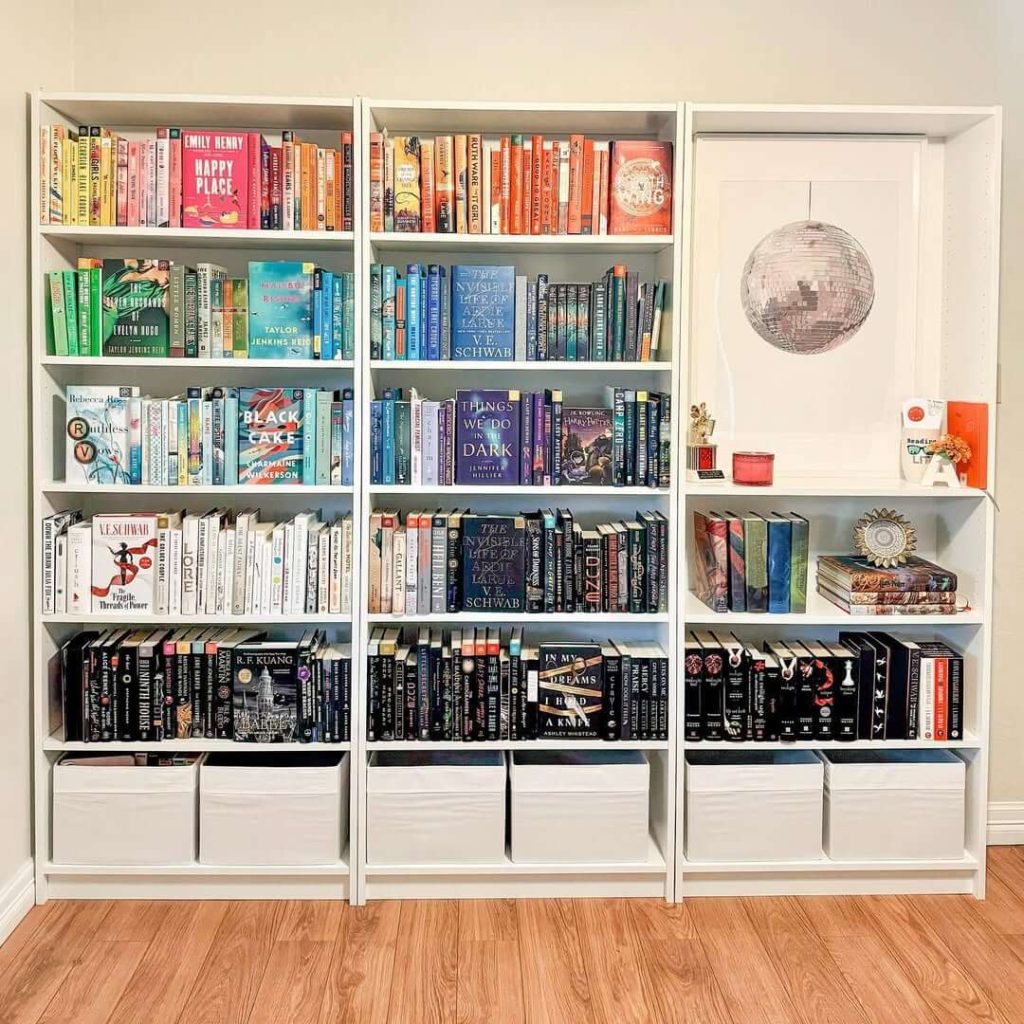 16. Color-Coordinated Bookshelf with Personal Touches