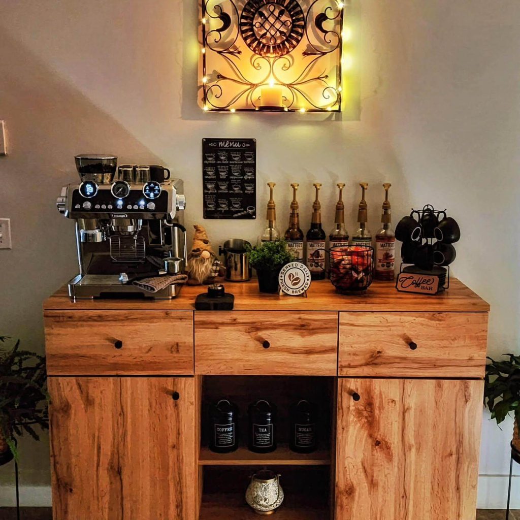 16. Rustic Coffee Bar with Warm Lighting