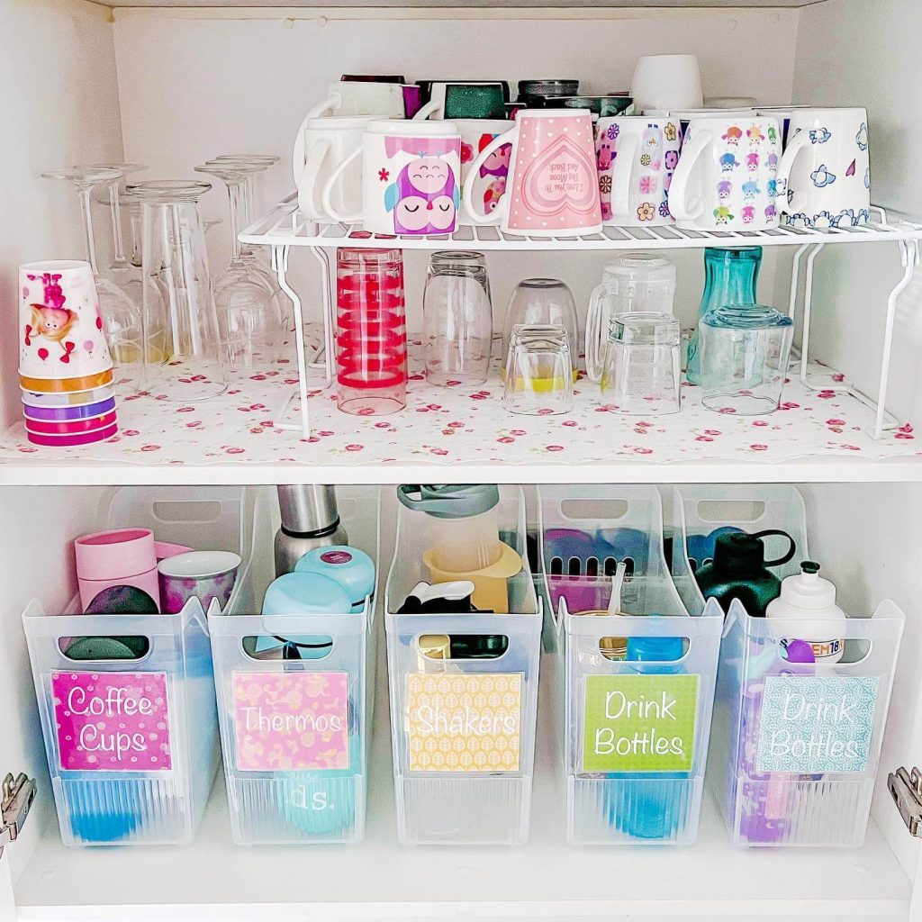17. Color-Coded Bins for Kids’ Cups and Bottles