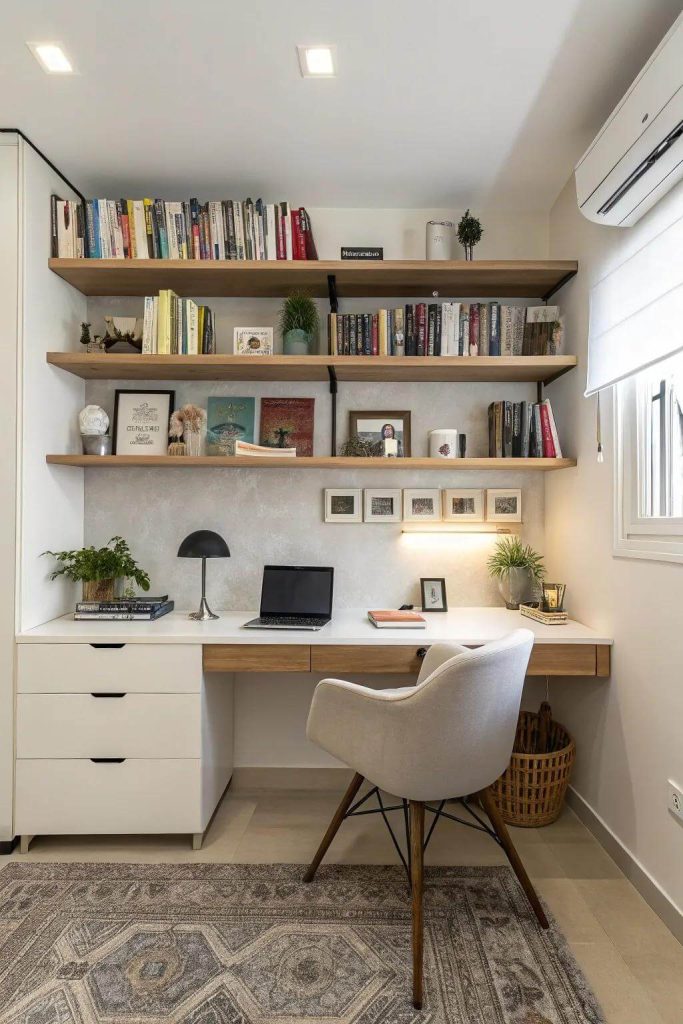 17. Corner L-Shaped Office with Full Wall Shelves