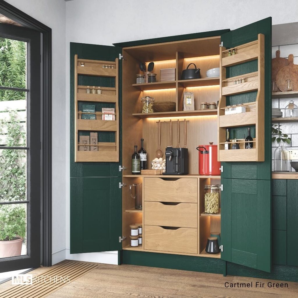 18. Modern Green Pantry Cabinet with a Coffee Station Twist