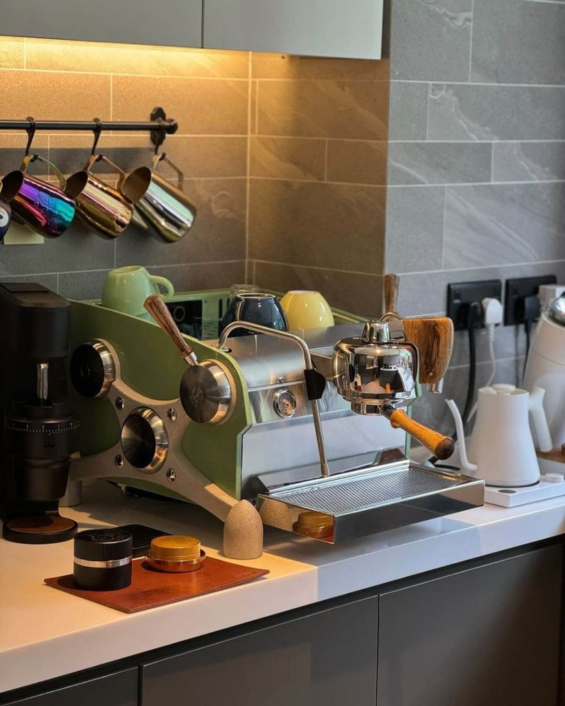 19. Retro-Inspired Coffee Bar with a Bold Statement Machine