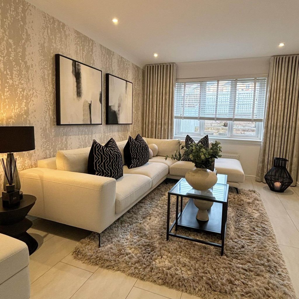 2. Cozy and Sophisticated Modern Living Room with Statement Pieces