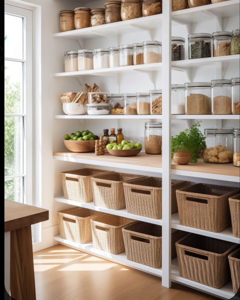 2. Warm & Woven: Natural Basket Storage Meets Glass Jar Elegance