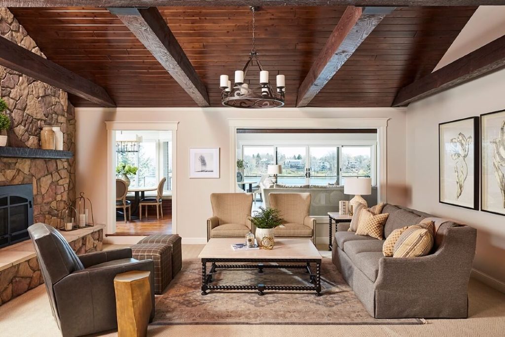 23. Embrace a Cabin-Inspired Look with Warm Woods and Stone